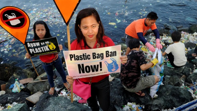 Person with a sign to ban plastic bags