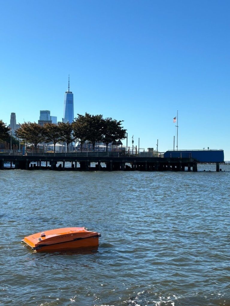 An orange WasteShark in the Hudson River, New York City in the distance