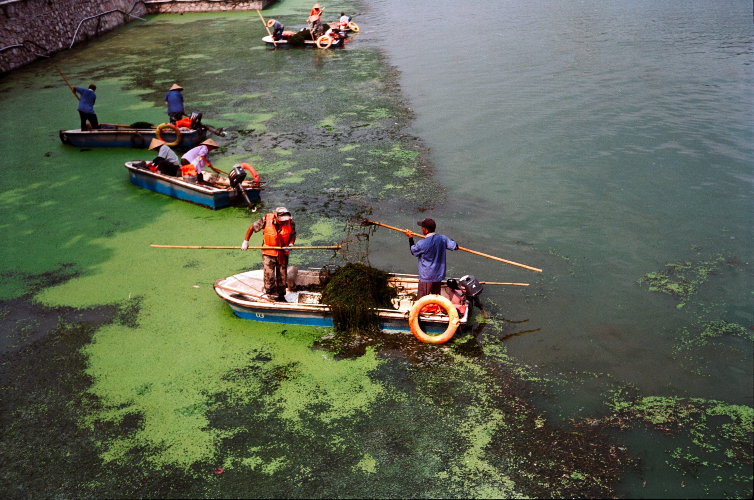4 teams of workers on 4 boats manually cleaning up debris inside a large and dirty waterway. Proving the cost of manual labor vs the cost of using a WasteShark Plus.  