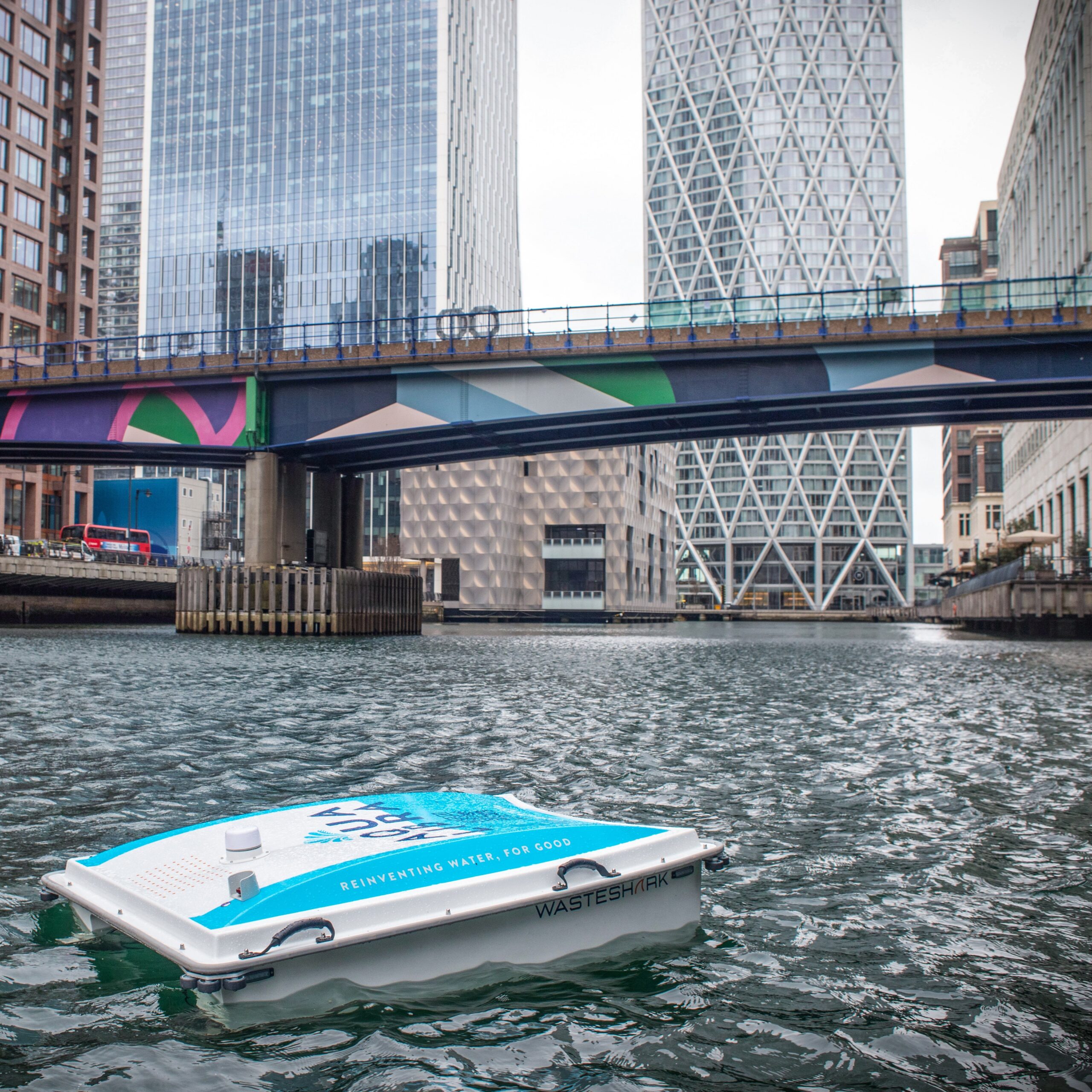 A WasteShark in Canary Wharf waters, London