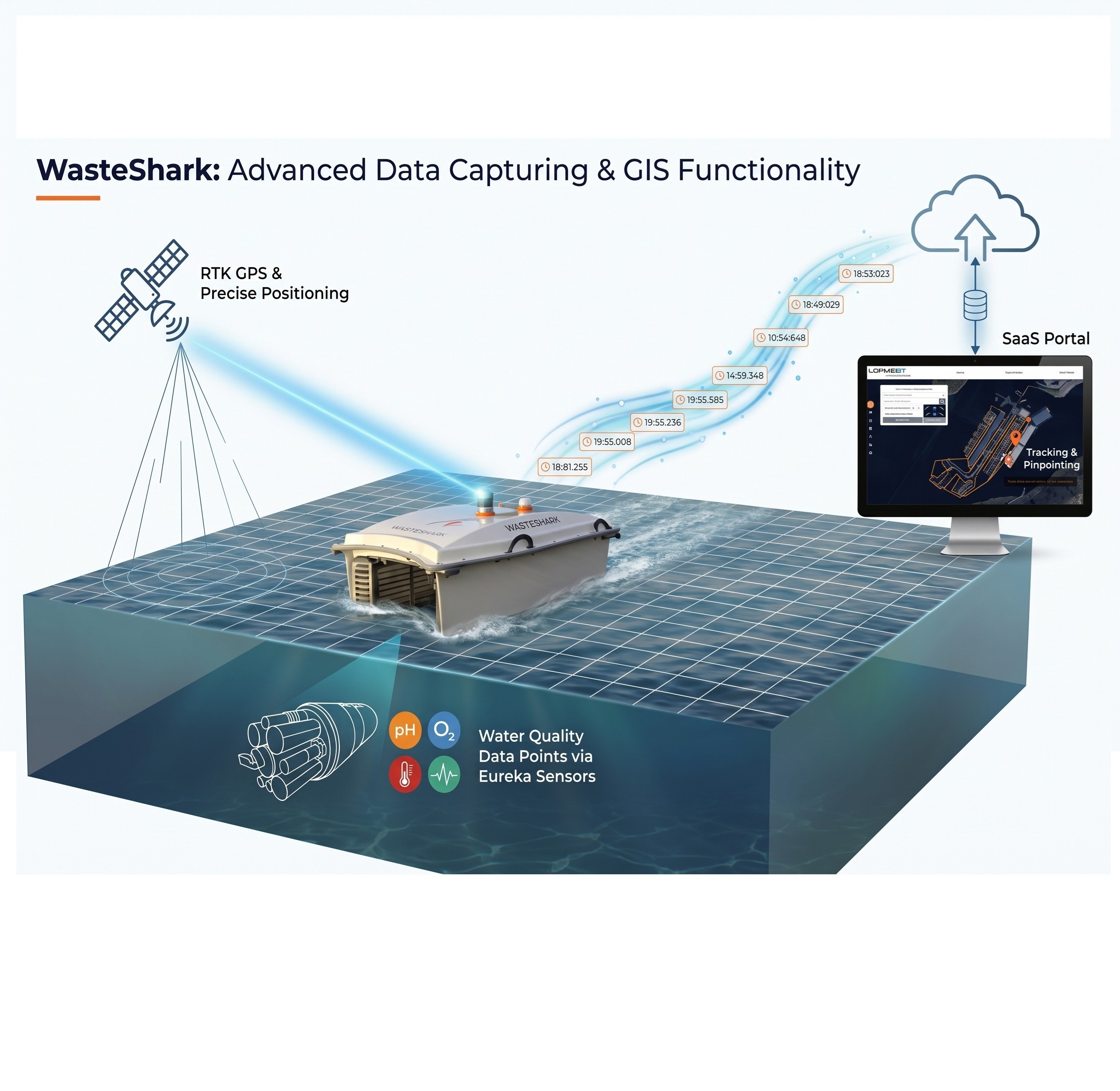 A WasteShark interaction with GIS and RTK GPS positioning to the cloud portal