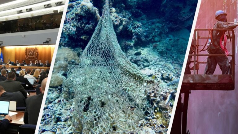 Conference, fishing net in water on a reef, cleaning a ship