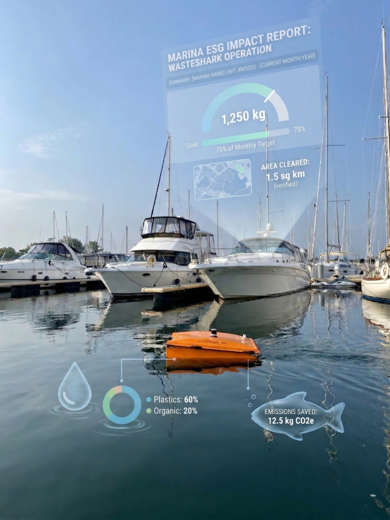 WasteShark patrolling a marina with ESG Impact report stats