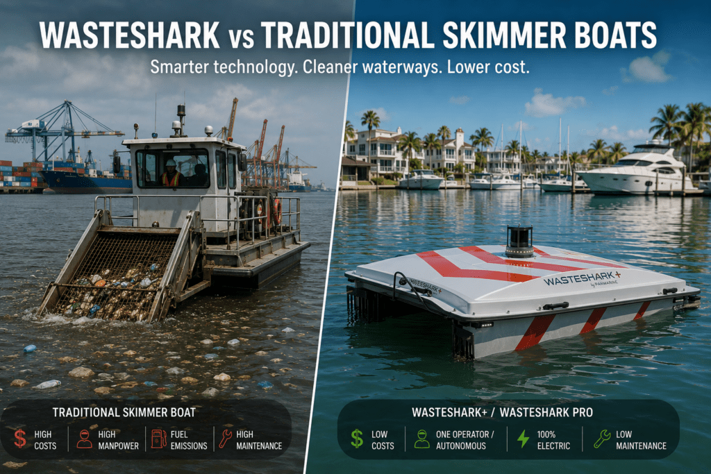WasteShark vs Traditional Skimmer Boats: Which Solution Is Best for Modern Waterway Clean-up? 1 WasteSharkPlusPro vs Traditional Trash Skimmer comparison