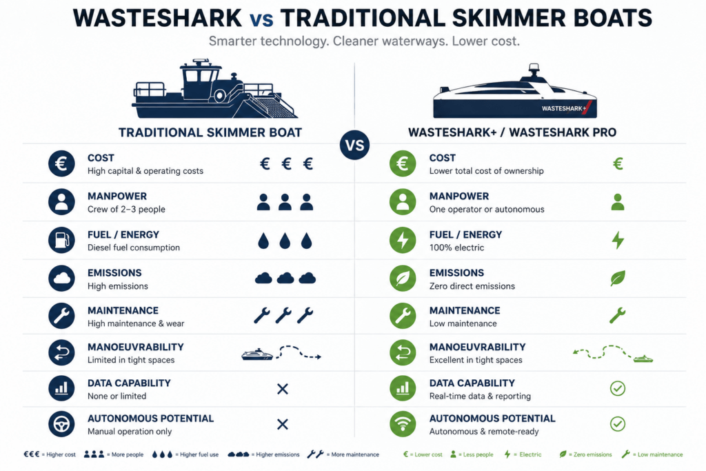 WasteShark vs Traditional Skimmer Boats: Which Solution Is Best for Modern Waterway Clean-up? 2 comparison traditional trash skimmer vs wasteshark