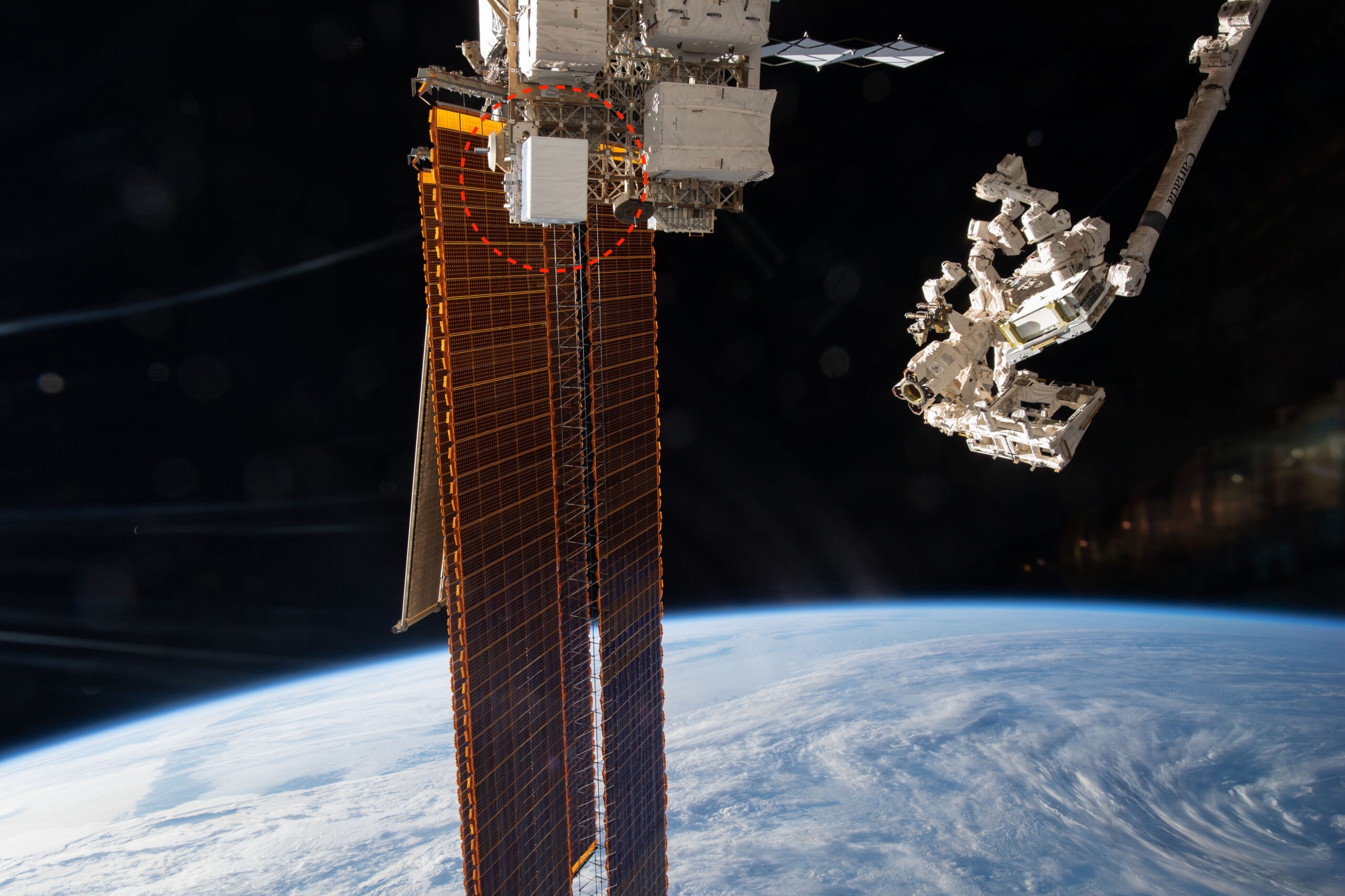 NASA’s EMIT, shown in the red circle, was launched to the International Space Station in 2022 to map minerals. Its data is now advancing fields from agriculture to water science. Credit: NASA