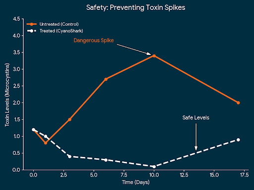 How RanMarine's CyanoShark prevents blue green algae by treating it using its patented SFTS system, The diagram shows the Efficiency Test: 96.5% Reduction in 24 Hours. 